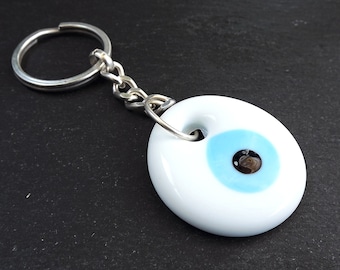 Evil Eye Keychain, White Blue Glass Evil Eye, Turkish Nazar Boncuk, Greek Eye Keyring, Good Luck Protection Gift, Gift For Her, Gift For Him