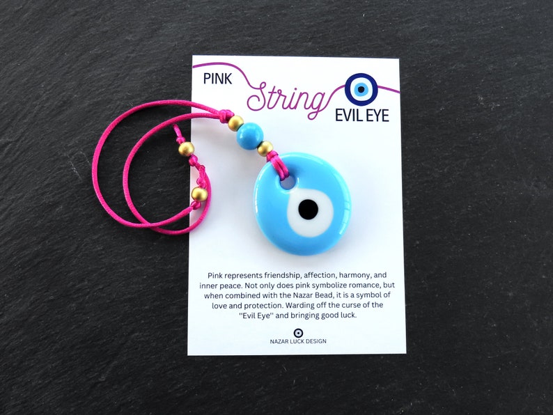 Pink String Evil Eye Car Rearview Mirror Amulet Charm, Turkish Nazar Evil Eye Gift, New Home Good Luck Gift Wall Hanging Decoration PB 5.5cm image 2