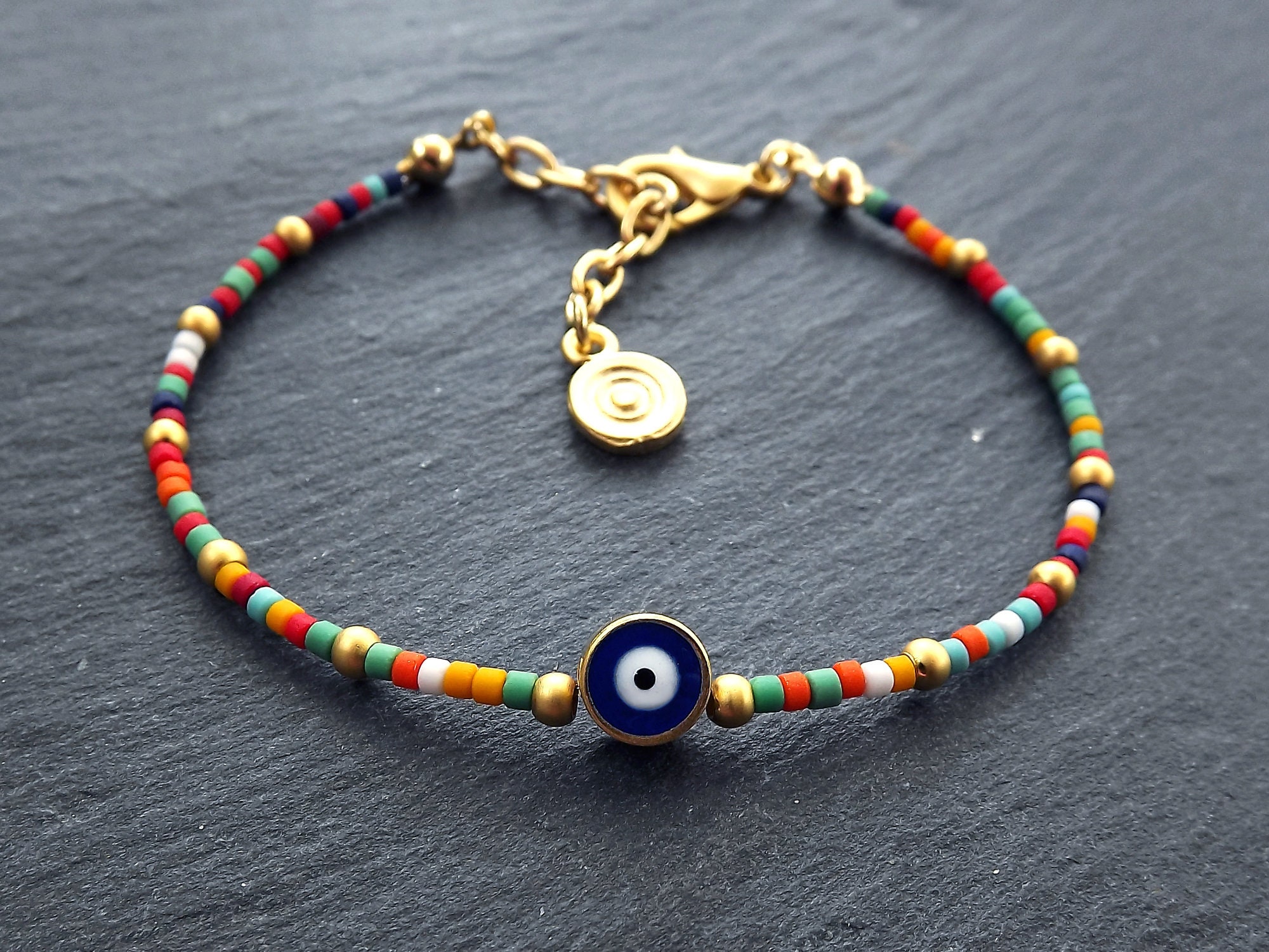 Gold Bracelet with Rainbow Evil Eye Beads – RASAFORYOU