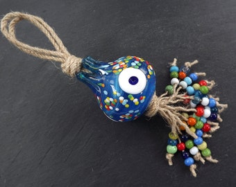 Evil Eye Wall Decor, Evil Eye Wall Hanging, Blue Evil Eye, Pomegranate Wall Hanging, Turkish, Home, Garden Decoration, Artisan Beads, Boho