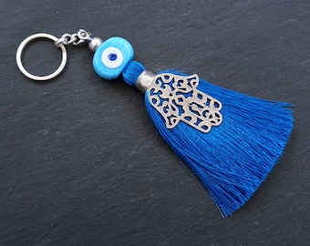 Evil Eye Key Chain, Blue Evil Eye, Blue Key Chain, Tassel Key Chain, Hamsa Key Chain, Bag Charm, Tassel Keyring, Lucky, Protective,