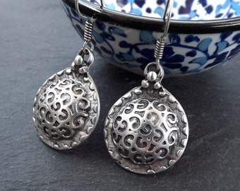 Floral Mandala Round Dangle Earrings, Ethnic Gypsy Dome French Hook Earrings, Gift for her, Antique Silver Plated