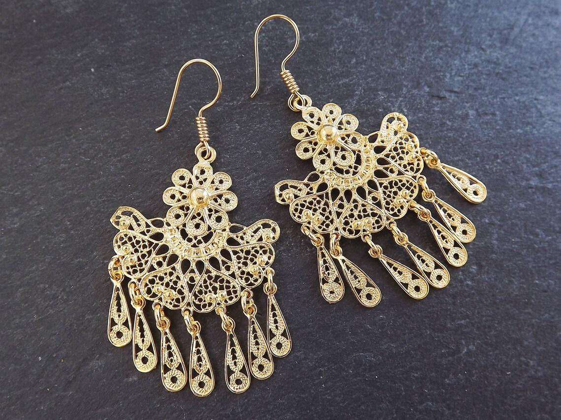 Fan Shaped Telkari Dangly Gold Ethnic Boho Earrings Etsy