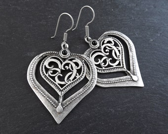 Folksy Heart Ethnic Silver Statement Earrings -Black - Authentic Turkish Style