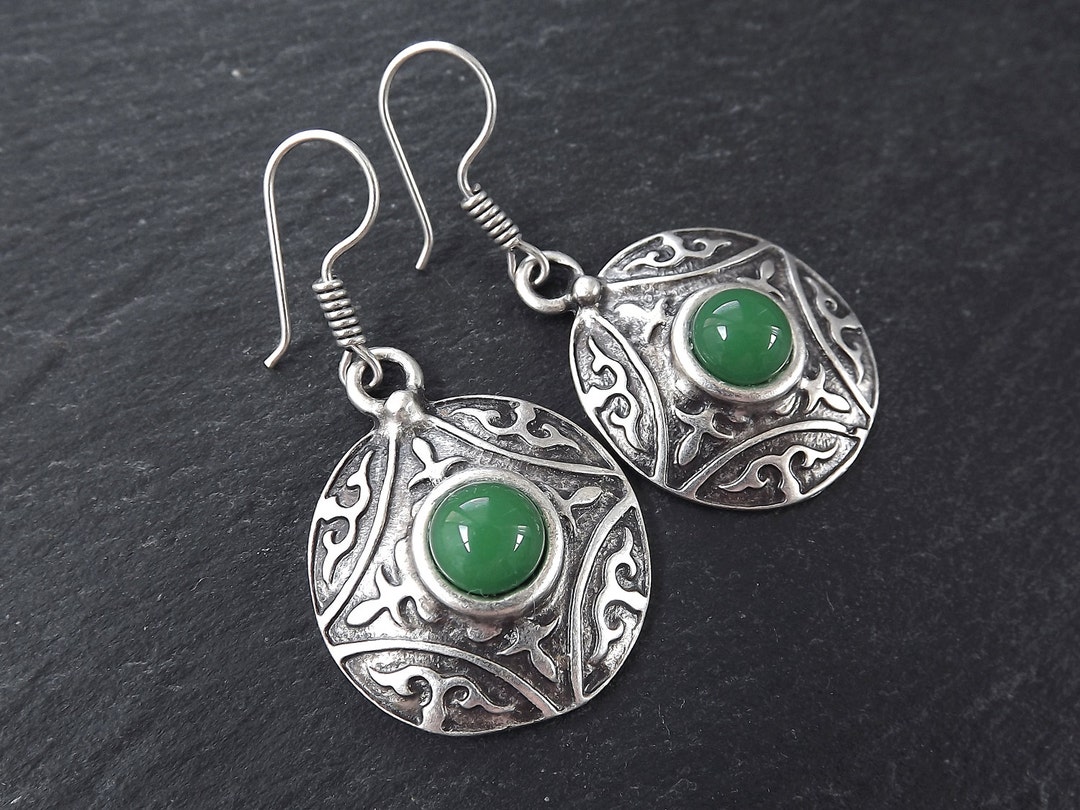 Tribal Dome Ethnic Fleur Silver Earrings With Green Glass - Etsy