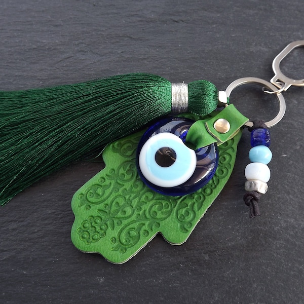 Evil Eye  Green Hamsa Hans Keychain, Nazar Key Chain, Turkish Eye, Tassel Key Chain, Bag Charm, Lucky, Protective, Nazar, Gift for Her