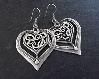 Folksy Heart Ethnic Silver Statement Earrings - Red - Authentic Turkish Style