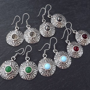 Tribal Dome Ethnic Fleur Silver Earrings with Smoky Beige Glass Stone Authentic Turkish Style image 4