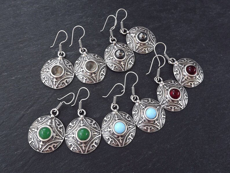 Tribal Dome Ethnic Fleur Silver Earrings with Smoky Beige Glass Stone Authentic Turkish Style image 4