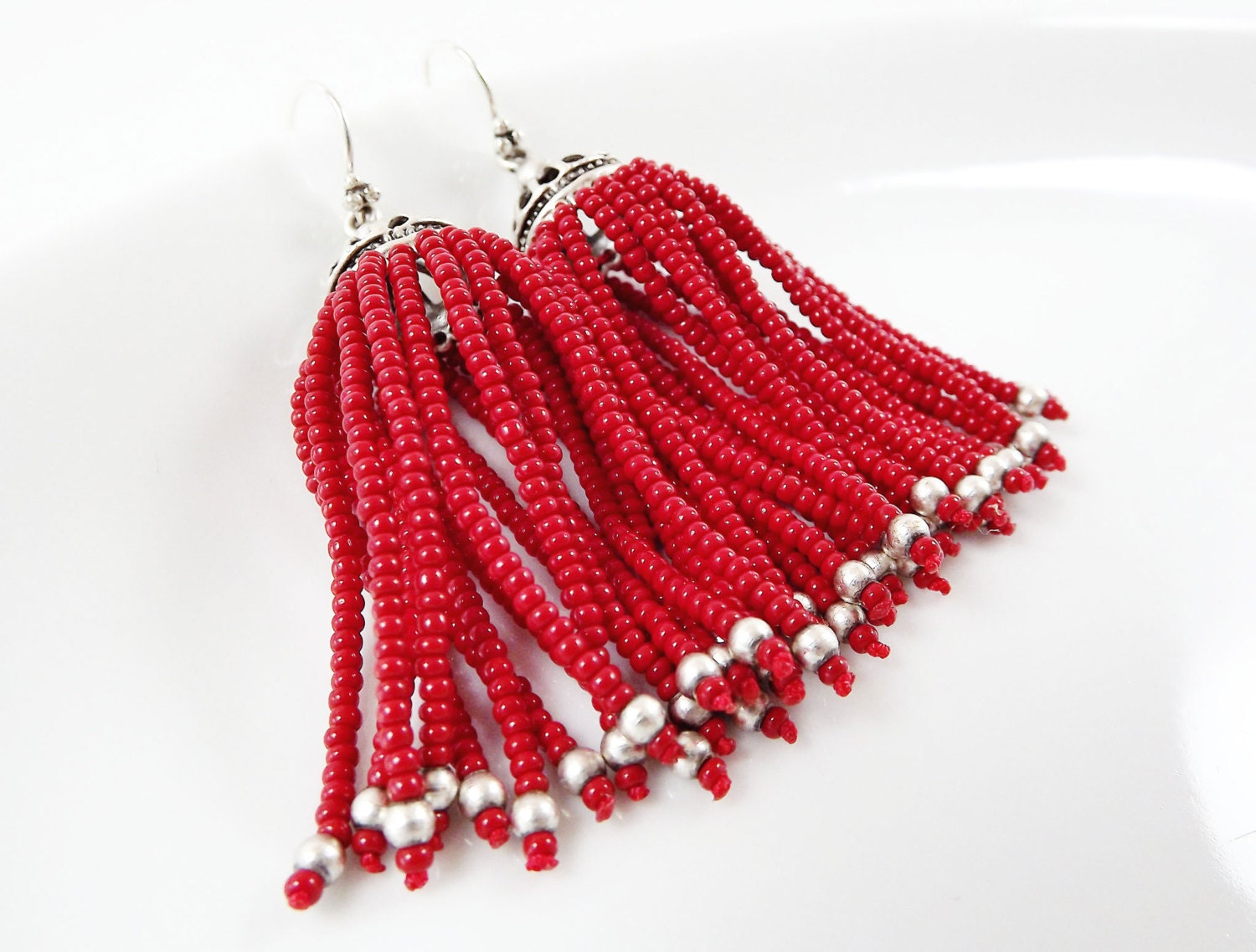 Red Beaded Tassel Dangly Statement Earrings Sterling Silver | Etsy