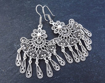 Fan Shaped Telkari Dangly Silver Ethnic Boho Earrings - Authentic Turkish Style