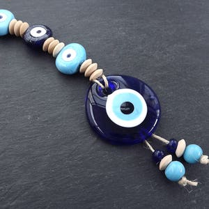 Sky Blue Navy Turkish Evil Eye Wall Hanging Home Garden Decoration with Evileye Traditional Artisan Beads - No:51