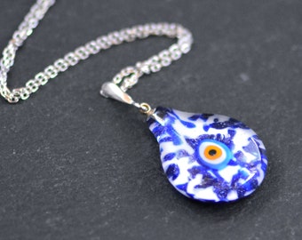Blue Evil Eye Necklace, Protective Turkish Nazar Amulet Talisman, Good Luck Gift, Gift for Her, Sterling Silver 18 inch Chain