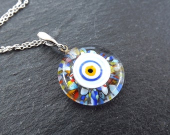 Colorful Evil Eye Necklace, Protective Turkish Nazar Amulet Talisman, Good Luck, Gift for Her, Gift for Him, Sterling Silver 18 inch Chain