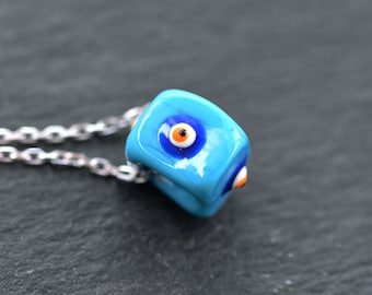 Blue Square Evil Eye Necklace, Protective Turkish Nazar Amulet Talisman, Good Luck, Gift for Her, Gift for Him, Sterling Silver 18'' Chain