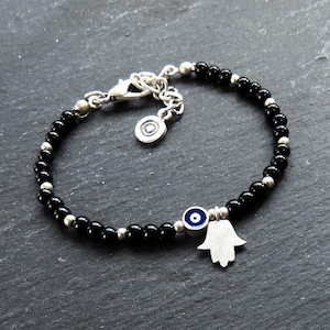 Hamsa Evil Eye Beaded Bracelet, Black Good Luck Gift, Protect, Amulet, Friendship Bracelet, Gift for Her, Turkish Eye, Nazar