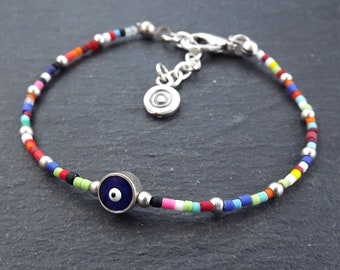 Evil Eye Bracelet, Good Luck Gift, Protective Bracelet, Rainbow Bracelet, Friendship Bracelet, Gift for Her, Gift for Him, Nazar, Silver