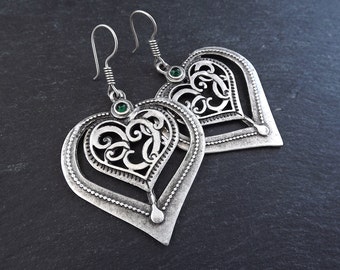 Folksy Heart Ethnic Silver Statement Earrings - Green - Authentic Turkish Style