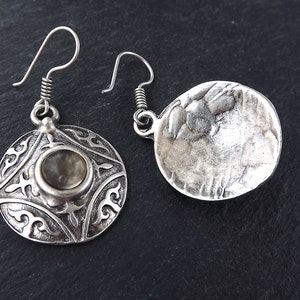 Tribal Dome Ethnic Fleur Silver Earrings with Smoky Beige Glass Stone Authentic Turkish Style image 3