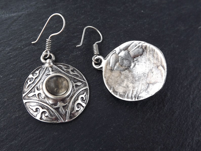 Tribal Dome Ethnic Fleur Silver Earrings with Smoky Beige Glass Stone Authentic Turkish Style image 3