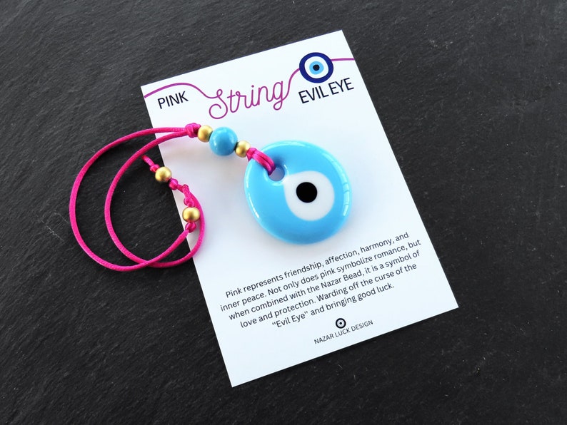 Pink String Evil Eye Car Rearview Mirror Amulet Charm, Turkish Nazar Evil Eye Gift, New Home Good Luck Gift Wall Hanging Decoration PB 5.5cm image 3