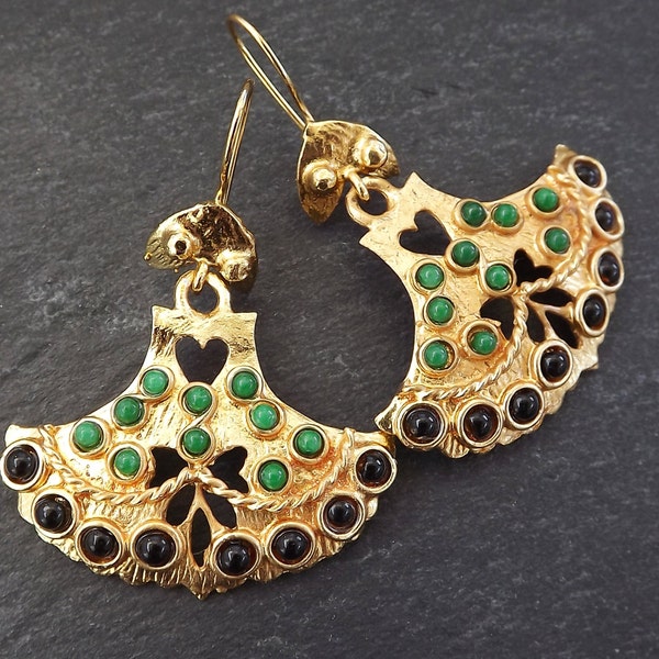 Dangly Fan Gemstone Ethnic Turkish Earrings - Black and Emerald Green Jade - Gold Plated Brass