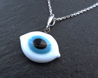 Evil Eye Necklace, White Evil Eye, Good Luck Charm, Good Luck Gift, Protect, Lucky, Turkish Eye, Sterling Silver, Ellipse, 18 inch Chain