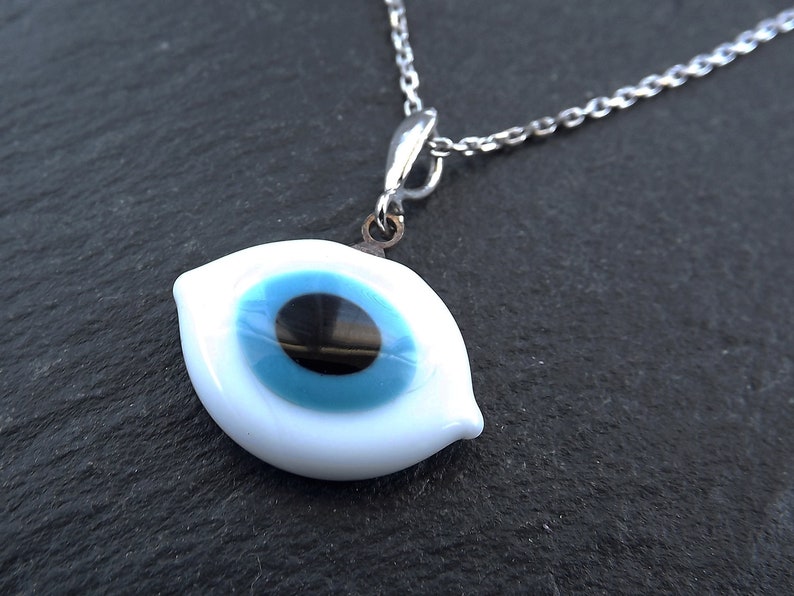 Good Luck Charm Evil Eye Necklace Turkish Eye Ellipse 18 inch Chain Protect White Evil Eye Sterling Silver Lucky Good Luck Gift