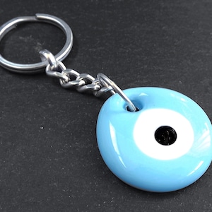 Evil Eye Keychain, White Blue Glass Evil Eye, Turkish Nazar Boncuk, Greek Eye Keyring, Good Luck Protection Gift, Gift For Her, Gift For Him
