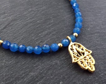 Hamsa Hand of Fatima Layer Necklace Blue Jade Stone Gemstone Hippie Bohemian Artisan - FREE SHIPPING