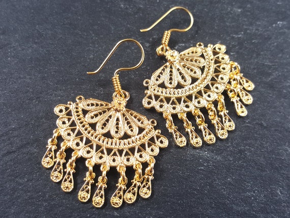 Scallop Fan Shaped Telkari Dangly Gold Ethnic Boho Earrings | Etsy