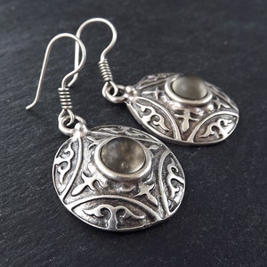 Tribal Dome Ethnic Fleur Silver Earrings with Smoky Beige Glass Stone Authentic Turkish Style image 2