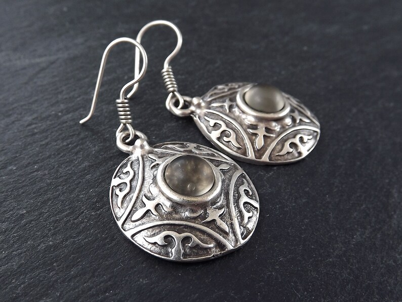 Tribal Dome Ethnic Fleur Silver Earrings with Smoky Beige Glass Stone Authentic Turkish Style image 2