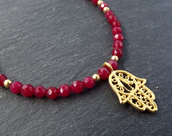 Hamsa Hand of Fatima Layer Necklace Red Jade Stone Gemstone Hippie Bohemian Artisan - FREE SHIPPING