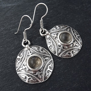 Tribal Dome Ethnic Fleur Silver Earrings with Smoky Beige Glass Stone Authentic Turkish Style image 1