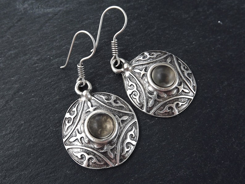 Tribal Dome Ethnic Fleur Silver Earrings with Smoky Beige Glass Stone Authentic Turkish Style image 1