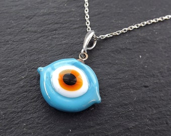 Evil Eye Necklace, Blue Evil Eye, Good Luck Charm, Good Luck Gift, Protect, Lucky, Turkish Eye, Sterling Silver, Ellipse, 18 inch Chain