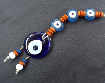 Evil Eye Wall Hanging, Orange, Turquoise Blue, Turkish Evil Eye, Lucky, Protective, Wall Hanging, Home Decor, Garden Decoration, Artisan,