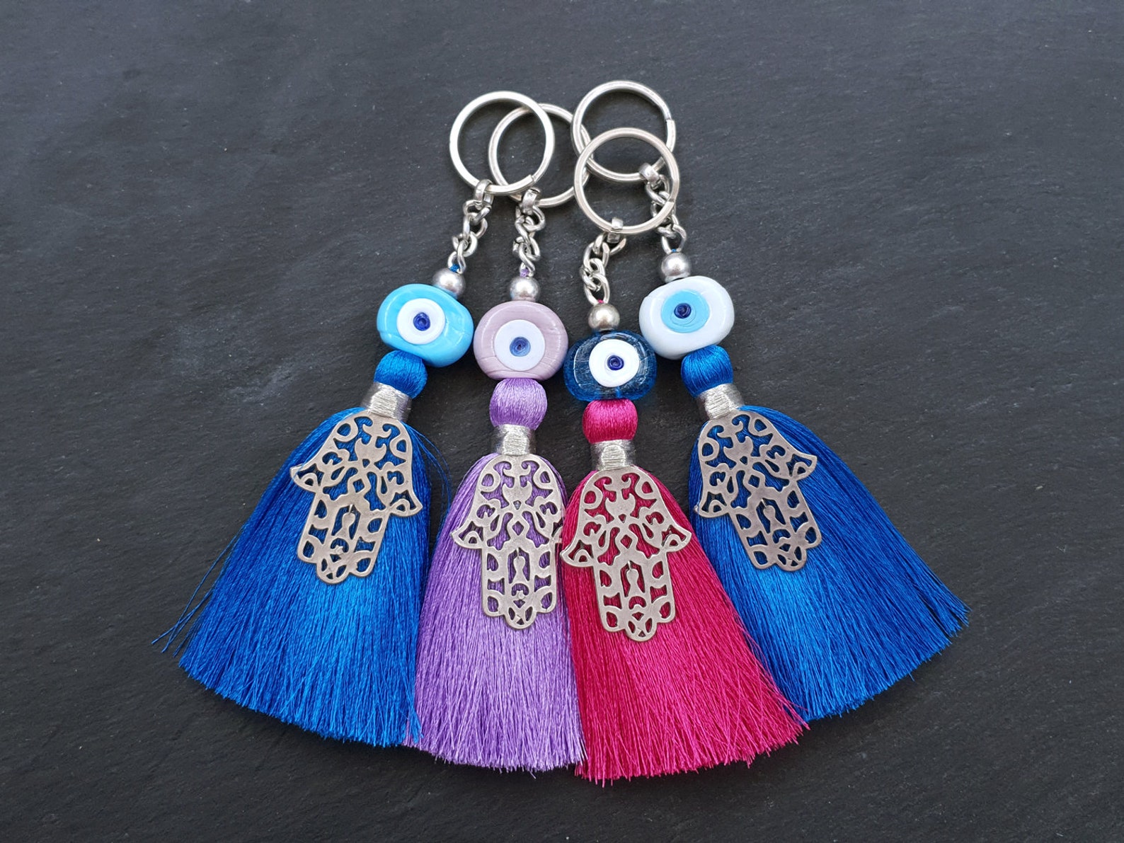 Evil Eye Key Chain White Evil Eye Blue Key Chain Tassel Key Etsy