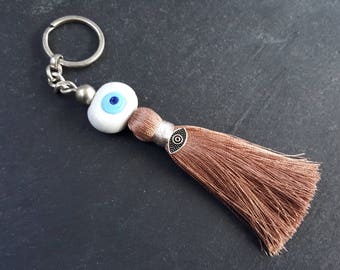 White Mocha Beige Evil Eye Tassel Key Chain Bag Charm Artisan Handmade Lucky Protective Nazar Bead