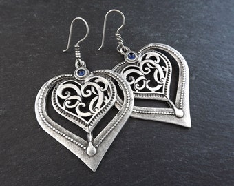 Folksy Heart Ethnic Silver Statement Earrings - Blue - Authentic Turkish Style