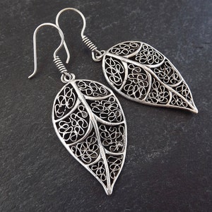 Filigree Skeleton Leaf Ethnic Silver Earrings - Authentic Turkish Style