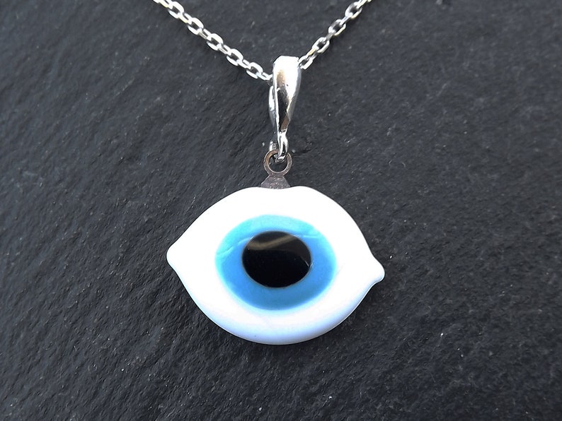 Good Luck Charm Evil Eye Necklace Turkish Eye Ellipse 18 inch Chain Protect White Evil Eye Sterling Silver Lucky Good Luck Gift