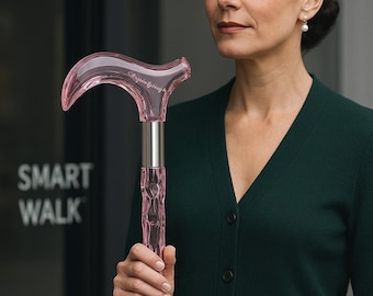 May include: A pink, transparent walking cane with a curved handle and a silver metal shaft. The cane has the text "Arquejuning" on the handle and the words "SMART WALK" on the side.