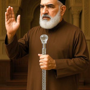 May include: A man in a brown robe and black cap holds a clear, decorative cane with a crystal-like top. The man has a white beard and is raising his hand. The background features an arched doorway and ornate architectural details.