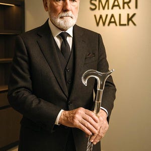 Puede incluir: Un hombre con un traje y corbata gris oscuro sostiene un bastón de cristal transparente. El bastón tiene un mango curvo y un eje decorativo. Las palabras "SMART WALK" se muestran en letras doradas en la pared detrás de él.