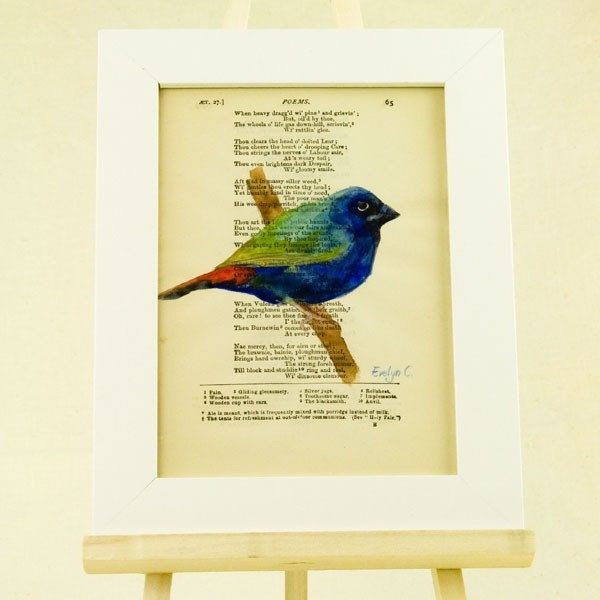 SALE 40% - Blue Bird -Original  watercolor painting on antique book page - R.Burns Poems.