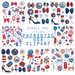 Clipart patriottico degli USA, fiocchi rossi, bianchi e blu, palla da discoteca, fuochi d'artificio, estetica vintage civettuola, sublimazione, elementi di design retrò del 4 luglio