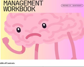 May include: An "Anger Management Workbook" with a pink brain character on the cover. The brain has a frowning face and a raised fist. The workbook includes a table of contents with topics like "What is Anger" and "Problem Solving".
