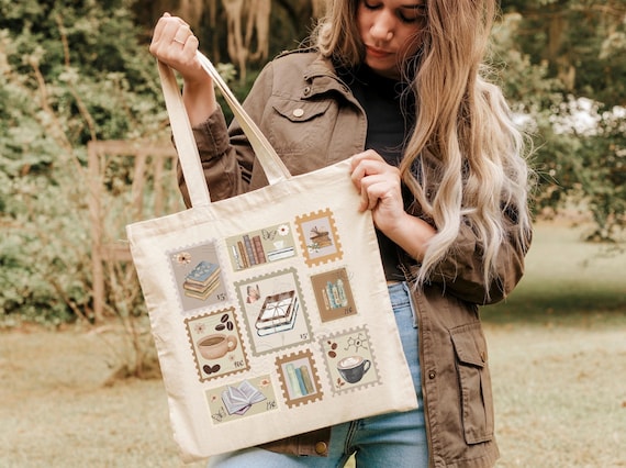 Vintage Book Stamp Tote Bag | Aesthetic Bookish Canvas Bag for Readers, Library Lovers, Bookstore Totes, Literary Gift for Bookworms